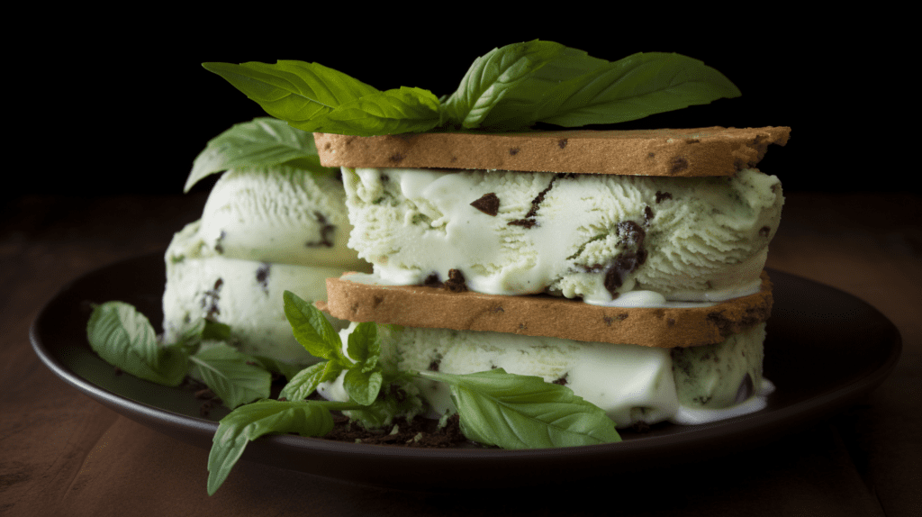 Delicioso sándwich de helado de albahaca