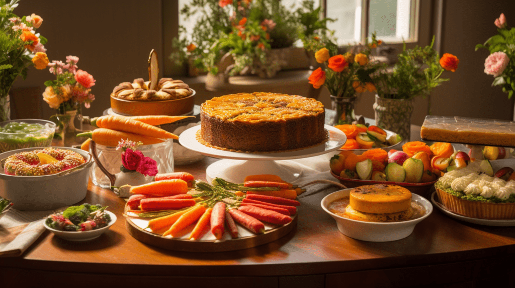 a_table_full_of_different_carrot_dishes_and_dessert