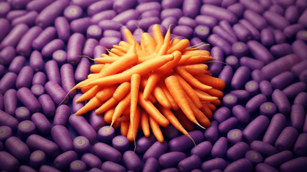 one pile of orange carrots within a pile of purple ones
